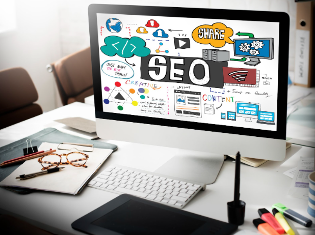 Digital illustration showing SEO icons, charts, and graphs representing website optimization.