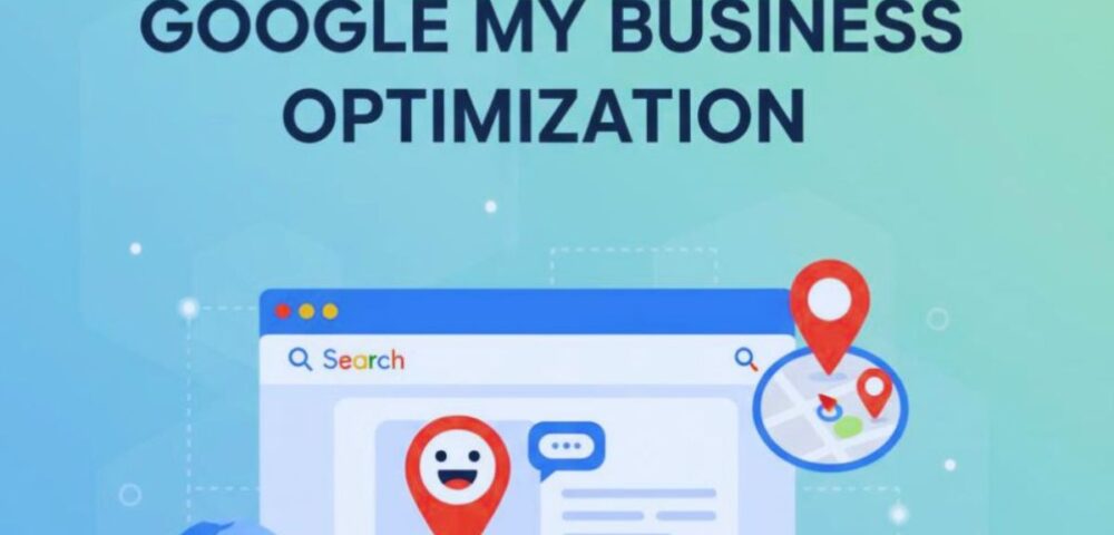 Google My Business Optimization graphic showing a search engine window with map location icons, a smiling face pin, and global connectivity symbols, set against a gradient blue-green background with the title “Google My Business Optimization” in bold, dark font.