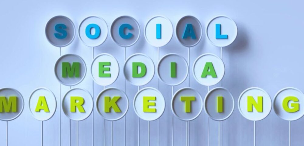 Round signs with letters spelling out “Social Media Marketing” in blue and green, arranged on white sticks against a light blue background. The image represents social media marketing in Palmetto Bay, FL.