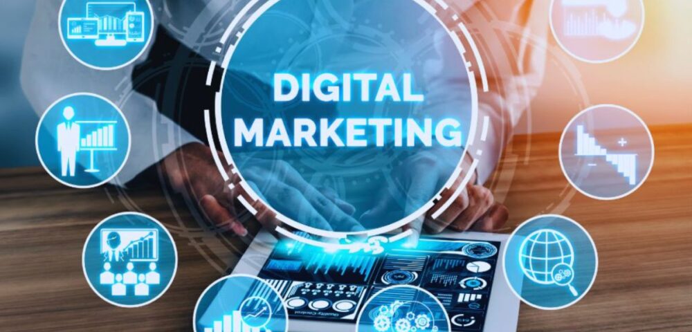 Digital Marketing Agency in Kendall concept showing a person using a tablet with marketing analytics icons and technology graphics.