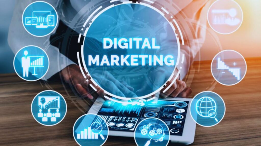 Digital Marketing Agency in Kendall concept showing a person using a tablet with marketing analytics icons and technology graphics.