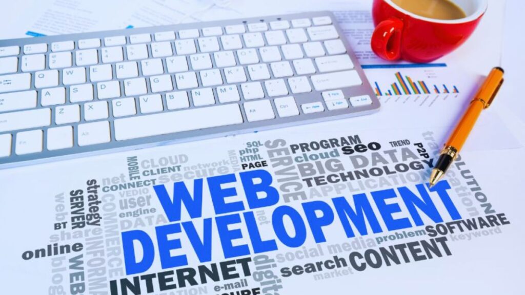 Web development concept image with the words “Web Development” in large blue text surrounded by related technology terms, placed on a desk with a white keyboard, business documents, a yellow pen, and a red coffee cup.